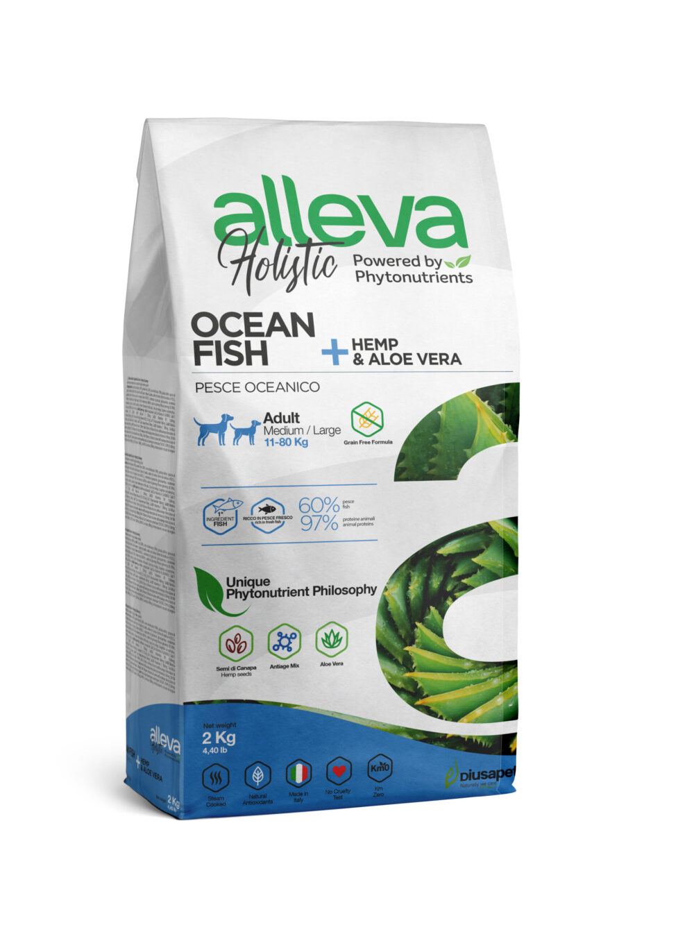 Alleva Holistic Океаническая рыба, Конопля и Алое вера для взрослых собак средних и крупных пород