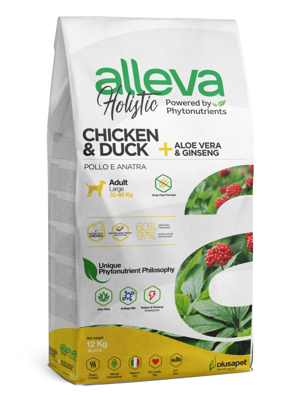 Alleva Holistic Курица, Утка, Алое вера и Женьшень для взрослых собак крупных пород