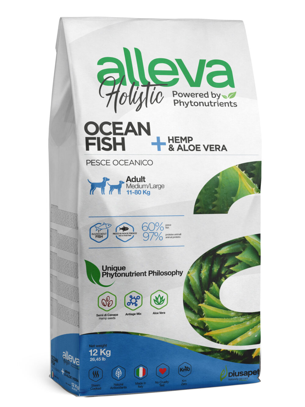 Alleva Holistic Океаническая рыба, Конопля и Алое вера для взрослых собак средних и крупных пород