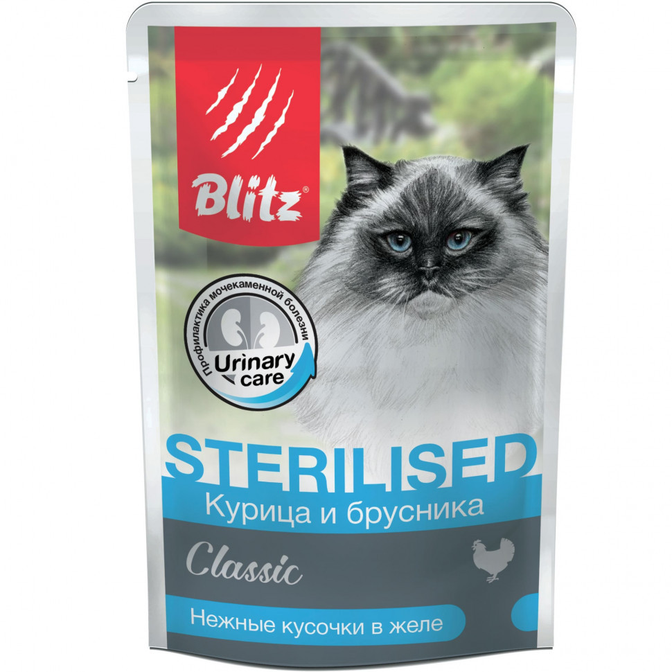 Blitz Cat Adult Sterilised влажный корм для стерилизованных кошек с курицей и брусникой в желе, в паучах - 85 г х 24 шт
