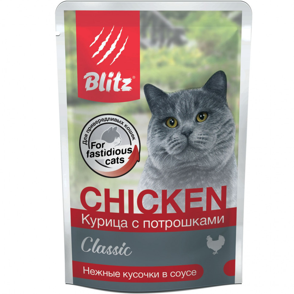 7973.970.jpg Blitz Cat Adult влажный корм для взрослых кошек с курицей и потрошками в соусе, в паучах - 85 г х 24 шт