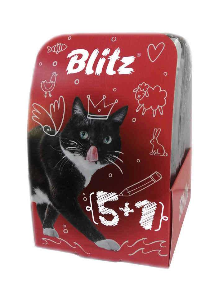 Влажный корм Blitz Classic набор паучей 5+1 для взрослых кошек, ассорти вкусов с курицей, кусочки в соусе и желе - 85 г х 6 шт