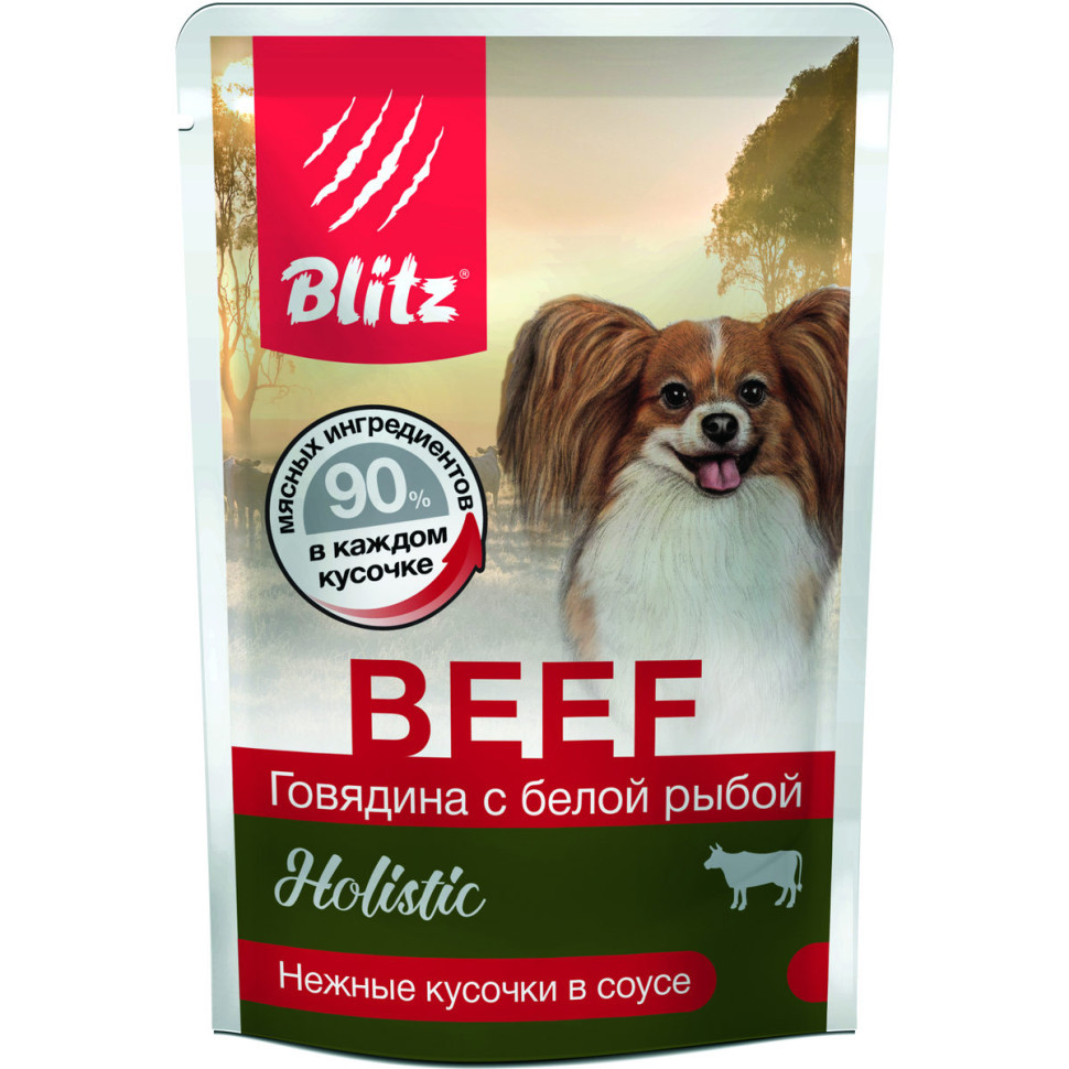 Blitz влажный корм для взрослых собак мелких пород с говядиной и белой рыбой, в паучах - 85 г х 24 шт