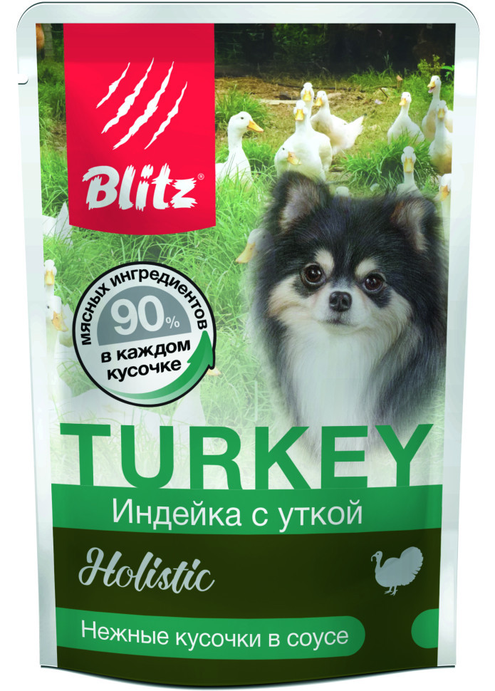 Blitz влажный корм для взрослых собак мелких пород с индейкой и уткой, в паучах - 85 г х 24 шт