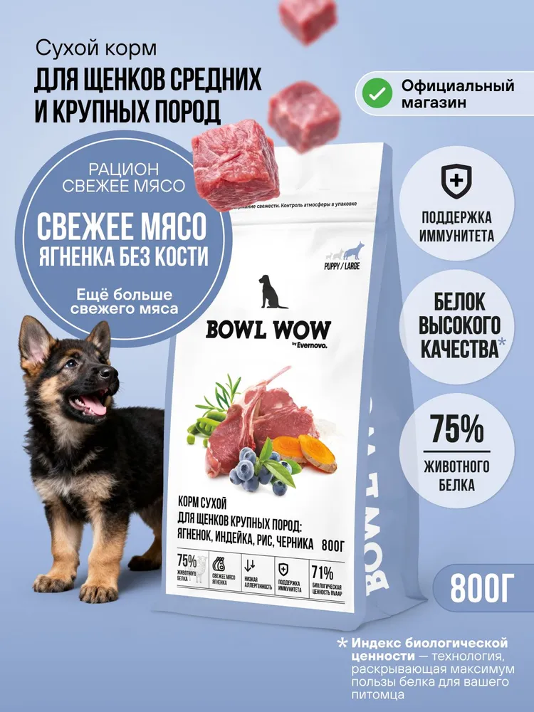 BOWL WOW сухой корм для щенков крупных пород с ягненком, индейкой, рисом и добавлением черники - 800 г