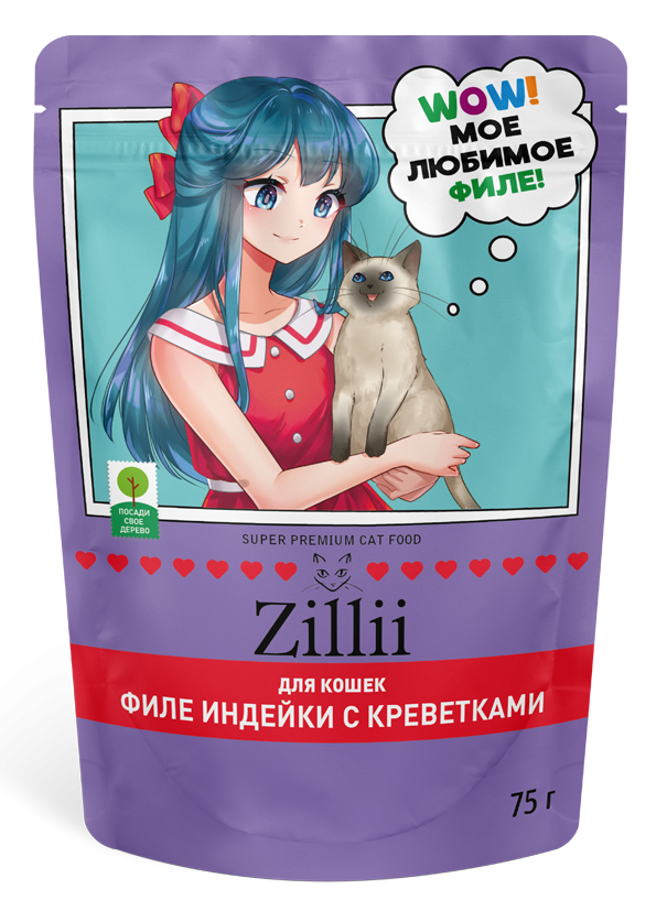 Zillii влажный корм для взрослых кошек с индейкой и креветками в желе, в паучах - 75 г х 12 шт