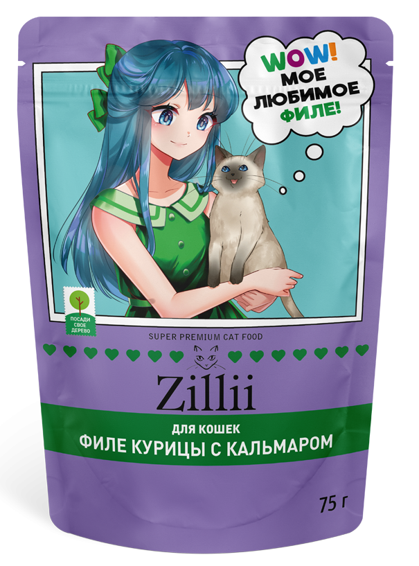 Zillii влажный корм для взрослых кошек с курицей и кальмаром в желе, в паучах - 75 г х 12 шт