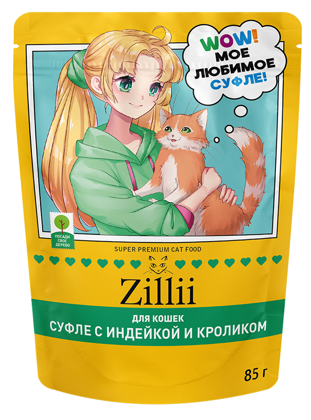 Zillii влажный корм для взрослых кошек, суфле из индейки и кролика, в паучах - 85 г х 24 шт
