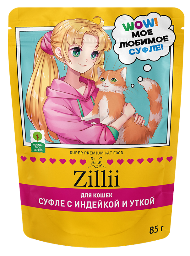 Zillii влажный корм для взрослых кошек, суфле из индейки и утки, в паучах - 85 г х 24 шт