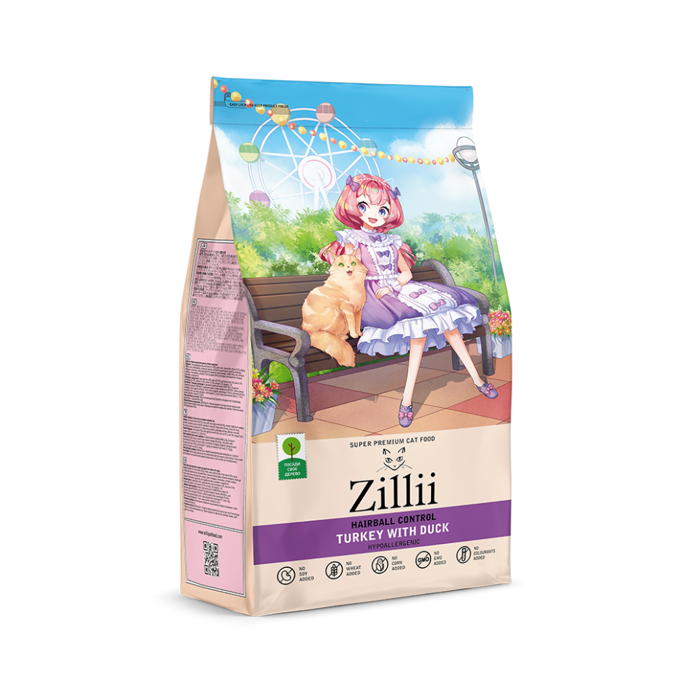 Zillii Hairball Control Для взрослых кошек контроль образования комочков шерсти в желудке, с индейкой и уткой - 2 кг