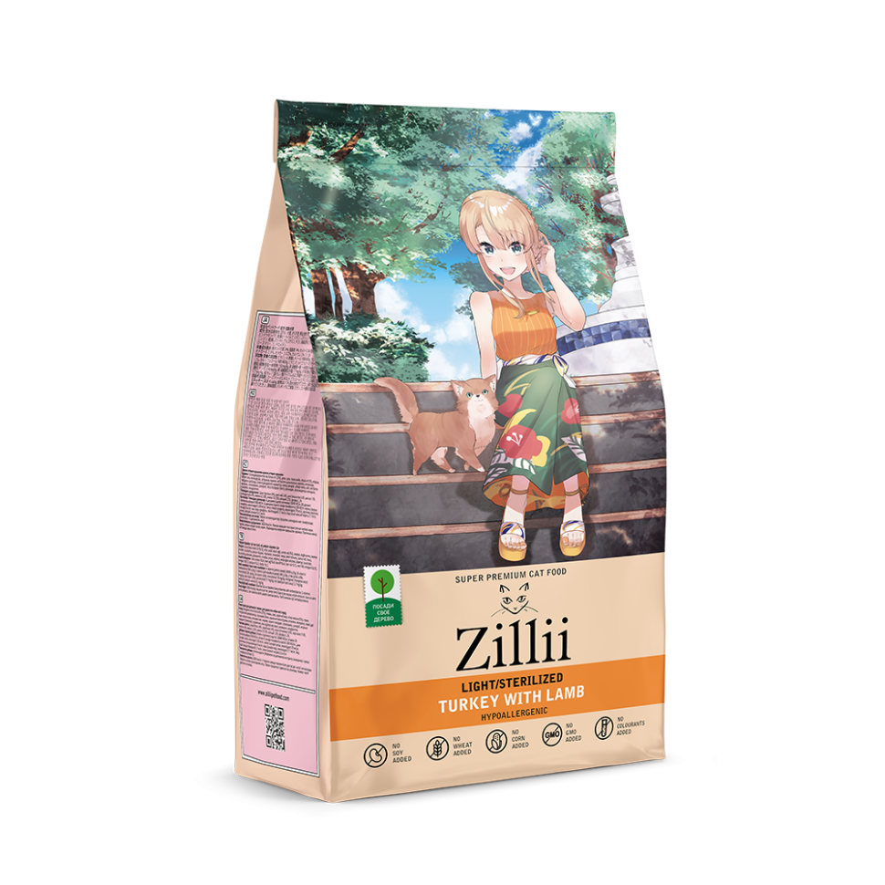 Zillii Light Sterilized Cat сухой корм для взрослых кошек, с избыточным весом и стерилизованных, с индейкой и ягненком - 2 кг