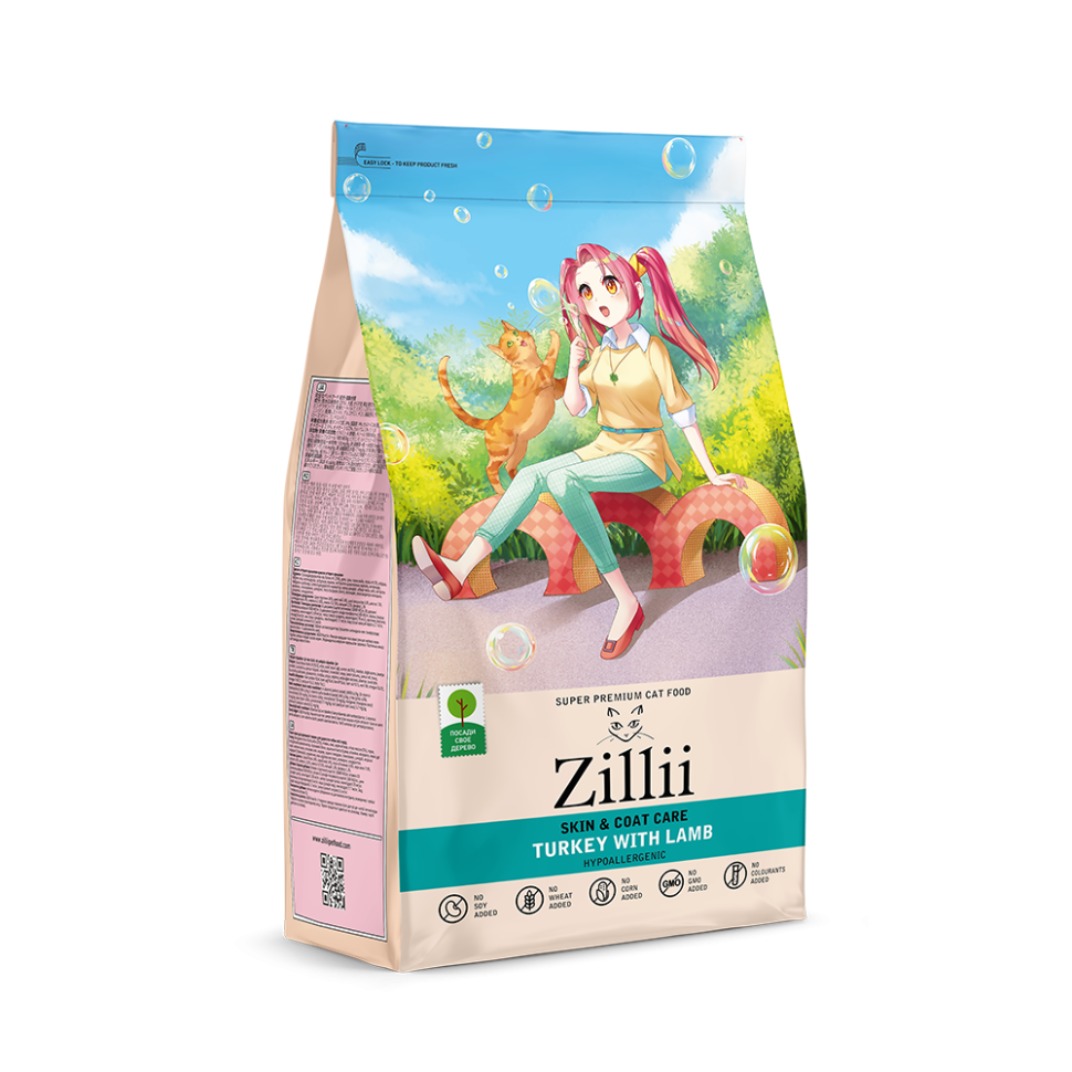 Zillii Skin & Coat Care Для взрослых кошек поддержка здоровья кожи и шерсти, с индейкой и ягненком - 2 кг
