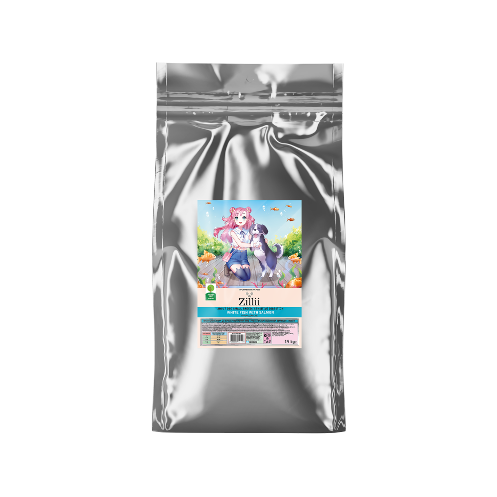 Zillii Adult Dog Small Breed Sensitive Digestion сухой корм для взрослых собак мелких пород, с чувствительным пищеварением, с белой рыбой и лососем - 15 кг