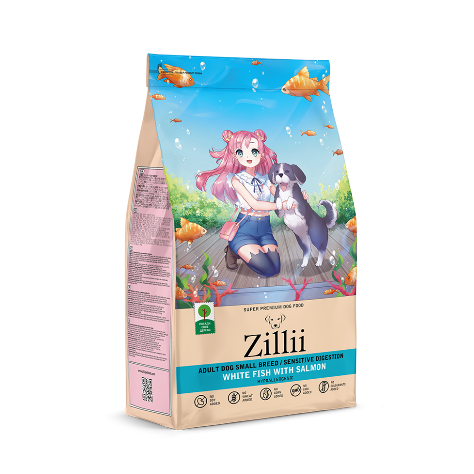 Zillii Adult Dog Small Breed Sensitive Digestion сухой корм для взрослых собак мелких пород, с чувствительным пищеварением, с белой рыбой и лососем - 800 г