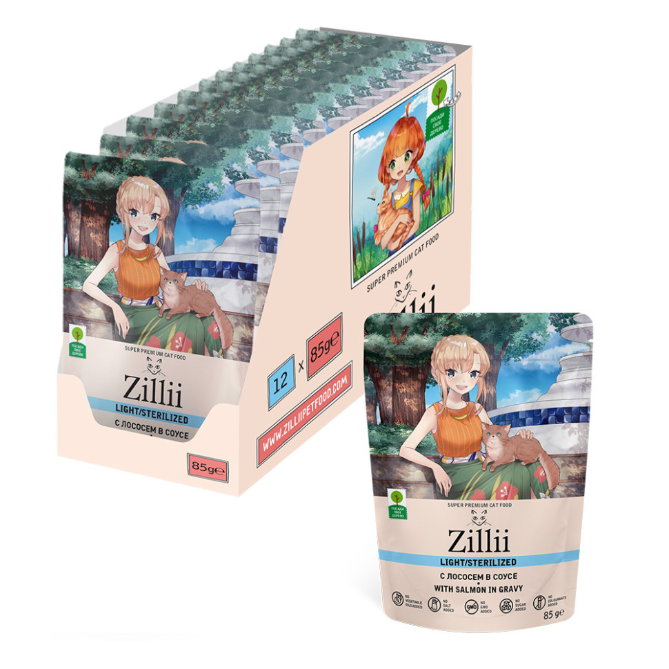 Zillii Sterilized Light Cat Salmon влажный корм для взрослых стерилизованных кошек, с лососем в соусе, в паучах - 85 г х 12 шт