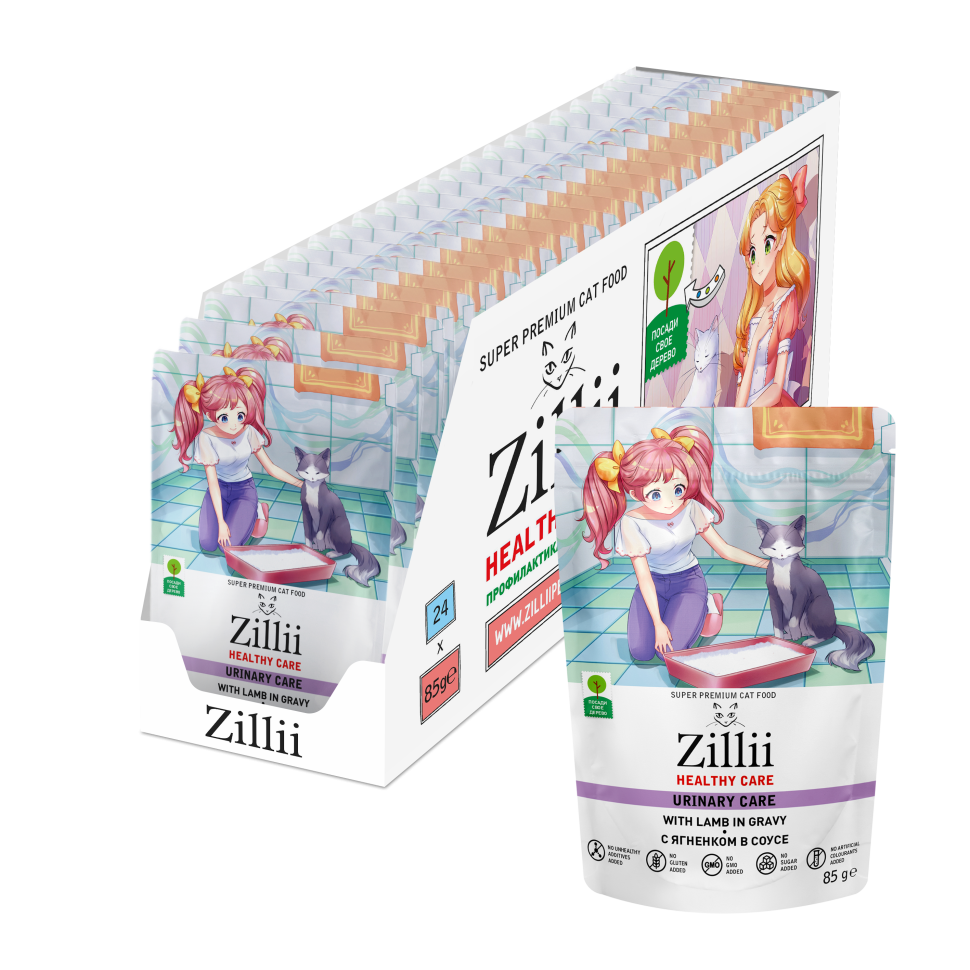 Zillii Healthy Care Urinary Care влажный корм для взрослых кошек, РН контроль, с ягненком в соусе, в паучах - 85 г х 24 шт