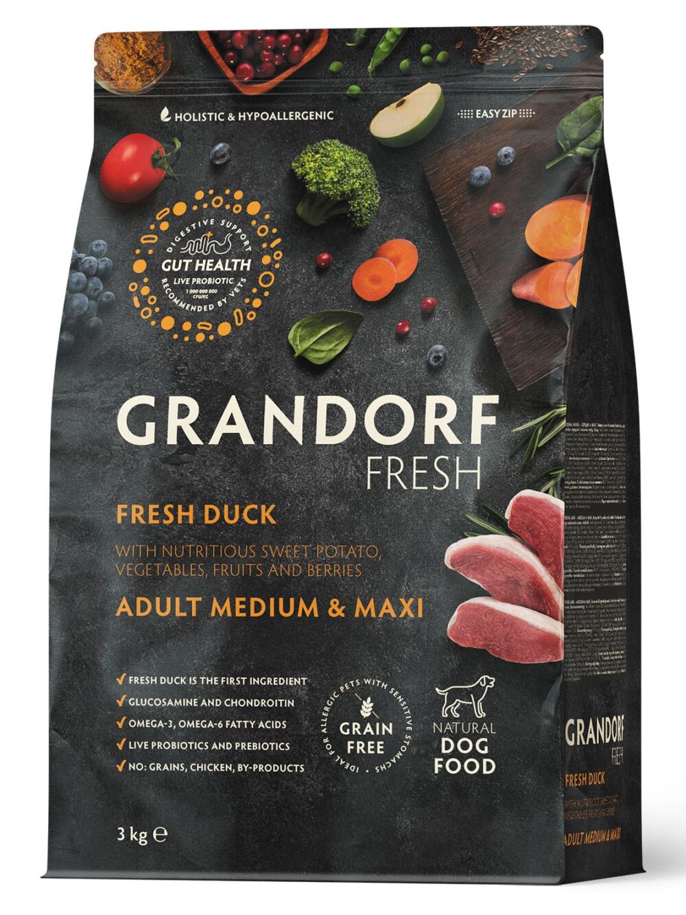 Сухой корм GRANDORF Fresh Dog Adult MED&MAXI Duck&Sweet Potato (Свежее мясо утки с бататом для собак средних и крупных пород) 3 кг / Грандорф