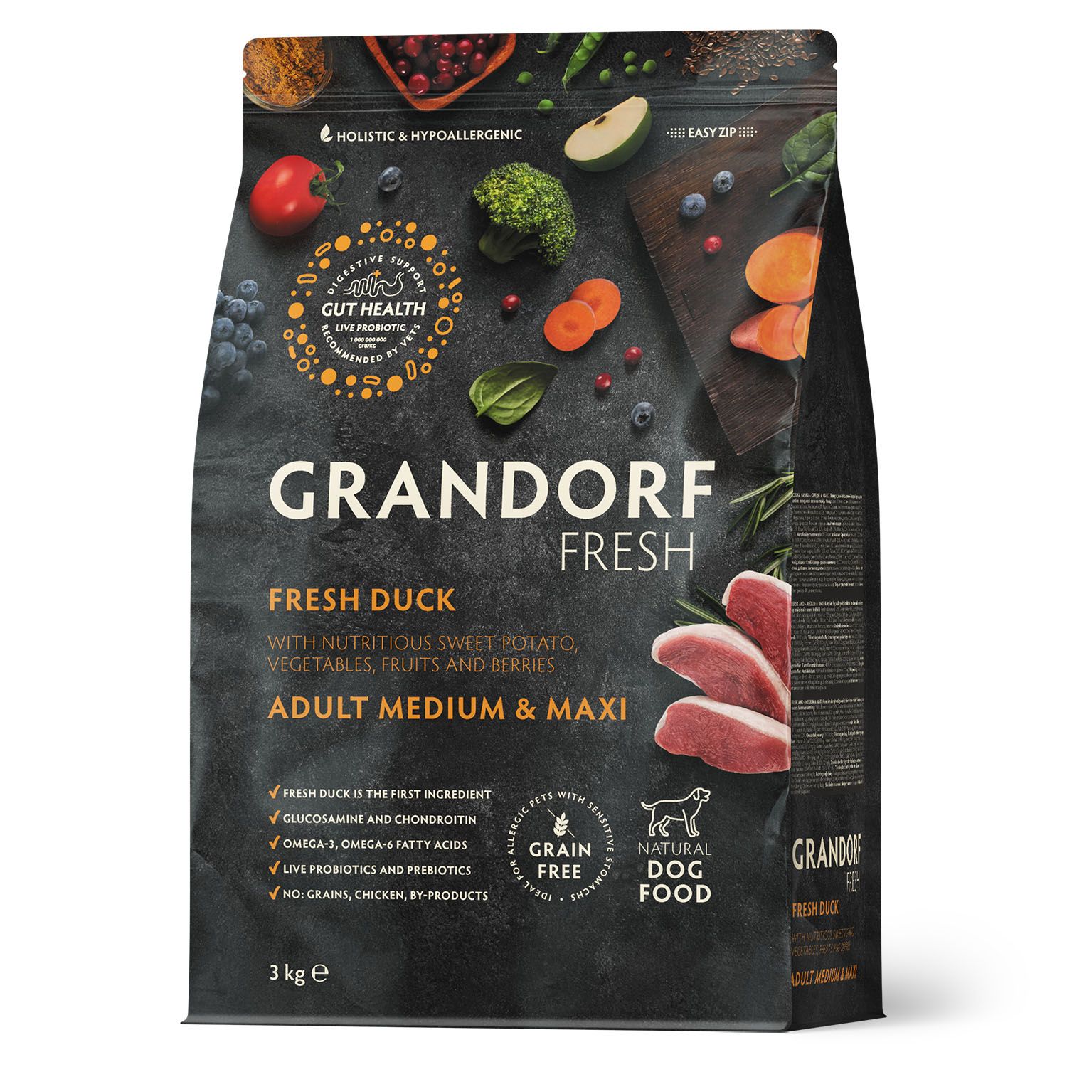 7033588799.jpg Сухой корм GRANDORF Fresh Dog Adult MED&MAXI Duck&Sweet Potato (Свежее мясо утки с бататом для собак средних и крупных пород) 3 кг / Грандорф